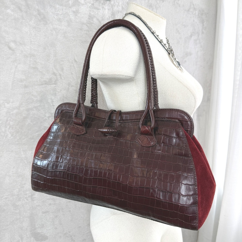 Genuine Leather Croc Embossed Suede Braided Handle Satchel Bag Burgundy Whimsy
